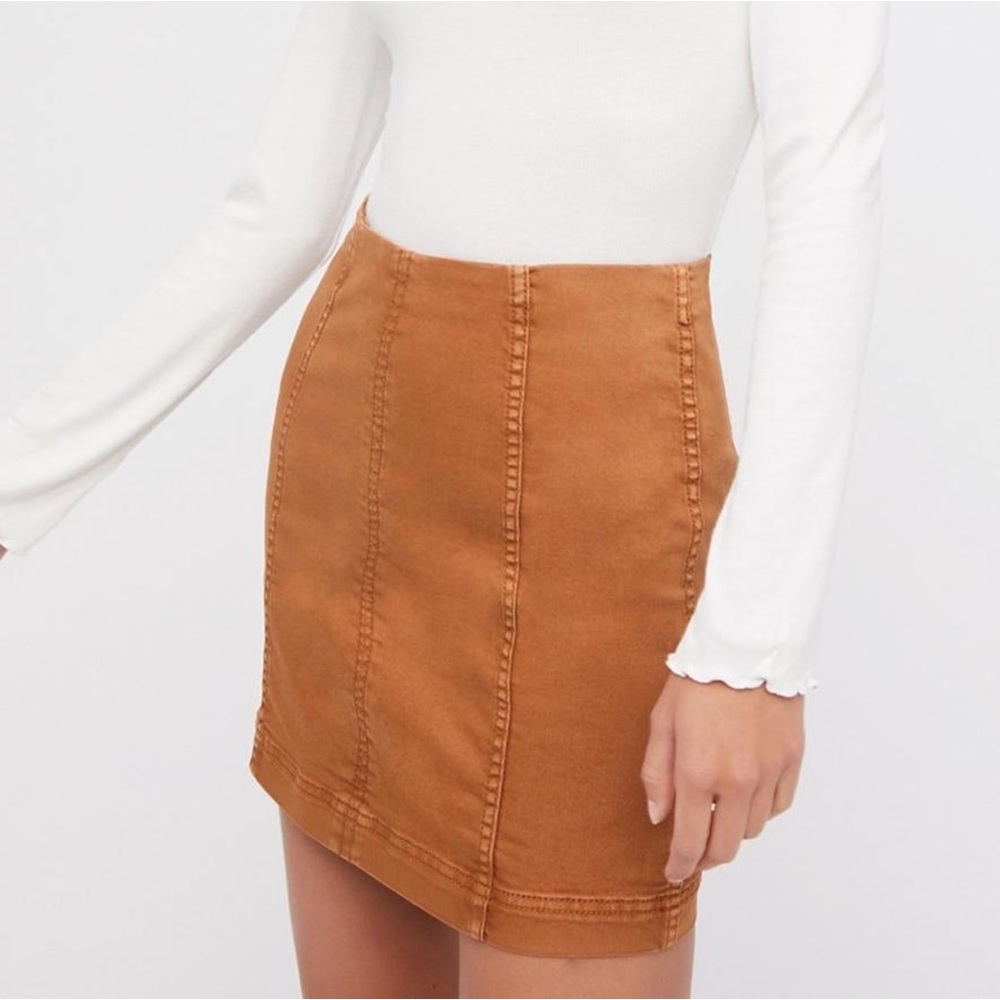 Tan denim modern femme free people skirt